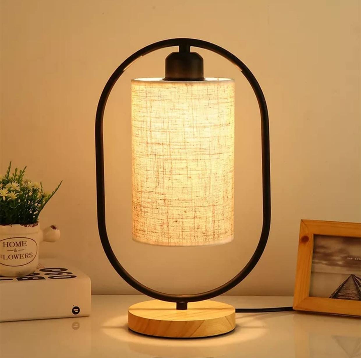 Side Table Lamp for Bedroom with Cotton Fabric Shade